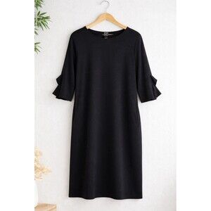 Clara Sun Woo Black Shift Dress L Ruffle Sleeve Scoop Neck Pockets USA